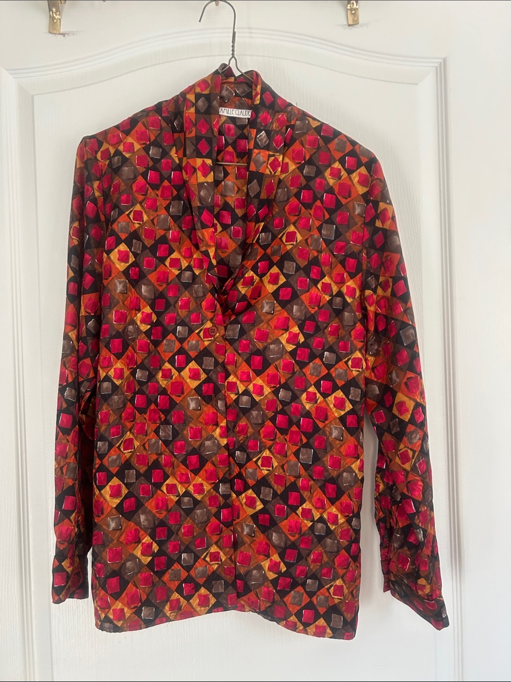 Vtg Camille Claudel Geometric Button-Front Blouse size unknown 18” pit to pit